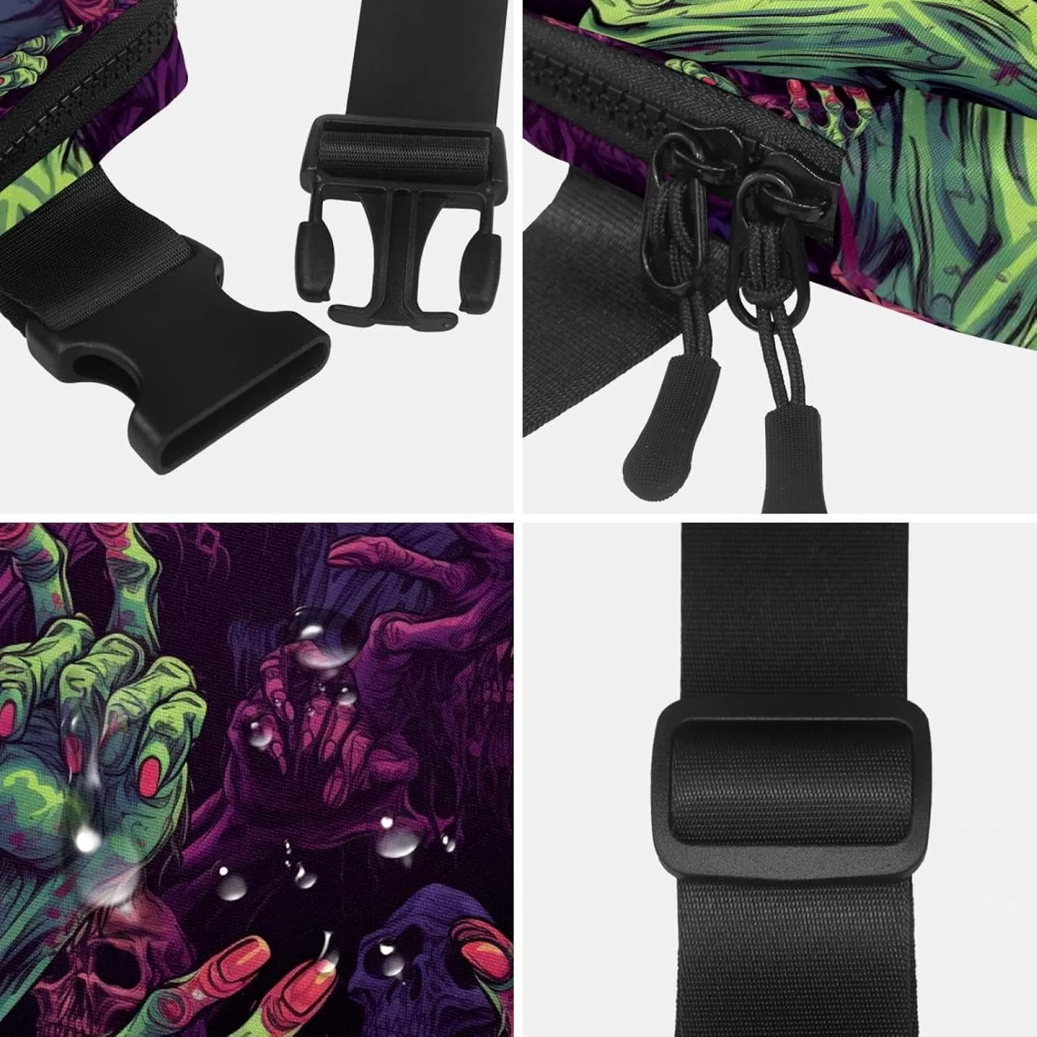 Waterproof Fanny Pack Black Belt Bag with Adjustable Strap for Women and Men,Halloween Zombie Hands G Crossbody Fanny Bag with Zipper for Hiking Running Travel