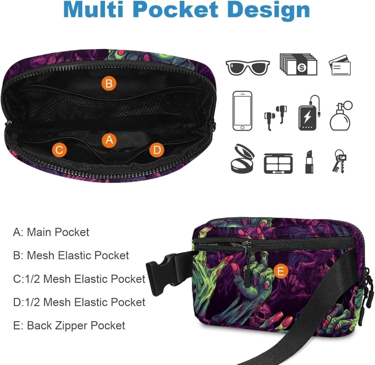 Waterproof Fanny Pack Black Belt Bag with Adjustable Strap for Women and Men,Halloween Zombie Hands G Crossbody Fanny Bag with Zipper for Hiking Running Travel