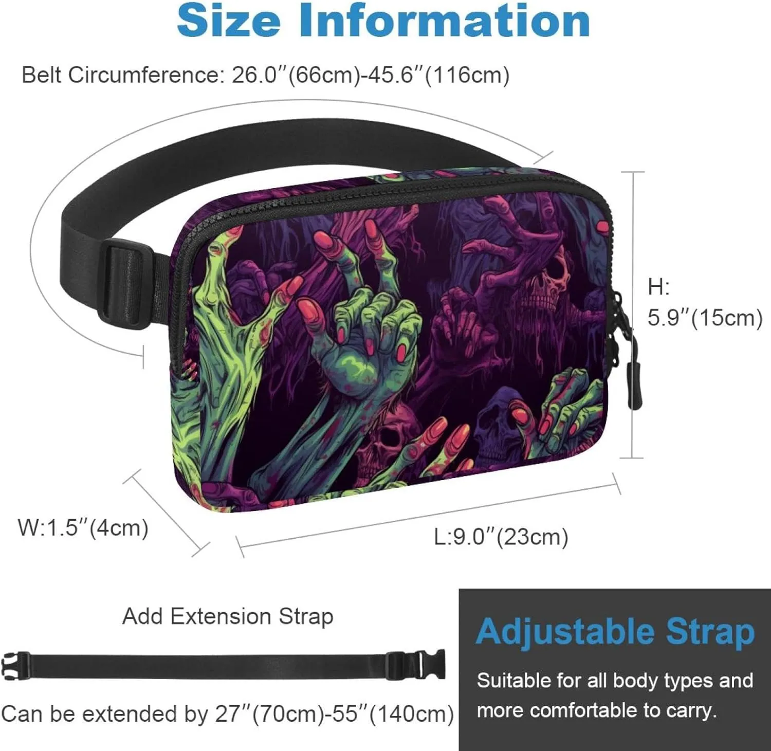 Waterproof Fanny Pack Black Belt Bag with Adjustable Strap for Women and Men,Halloween Zombie Hands G Crossbody Fanny Bag with Zipper for Hiking Running Travel