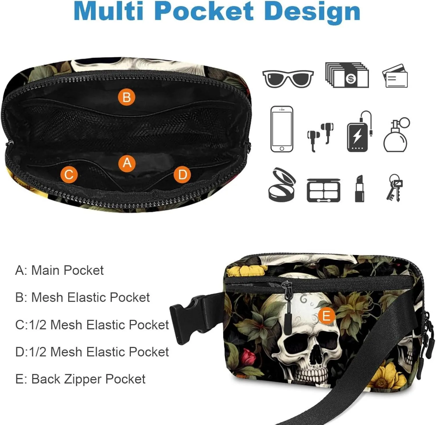 Waterproof Fanny Pack Black Belt Bag with Adjustable Strap for Women and Men,Yellow Flowers Skull Crossbody Fanny Bag with Zipper for Hiking Running Travel