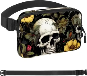 Waterproof Fanny Pack Black Belt Bag with Adjustable Strap for Women and Men,Yellow Flowers Skull Crossbody Fanny Bag with Zipper for Hiking Running Travel