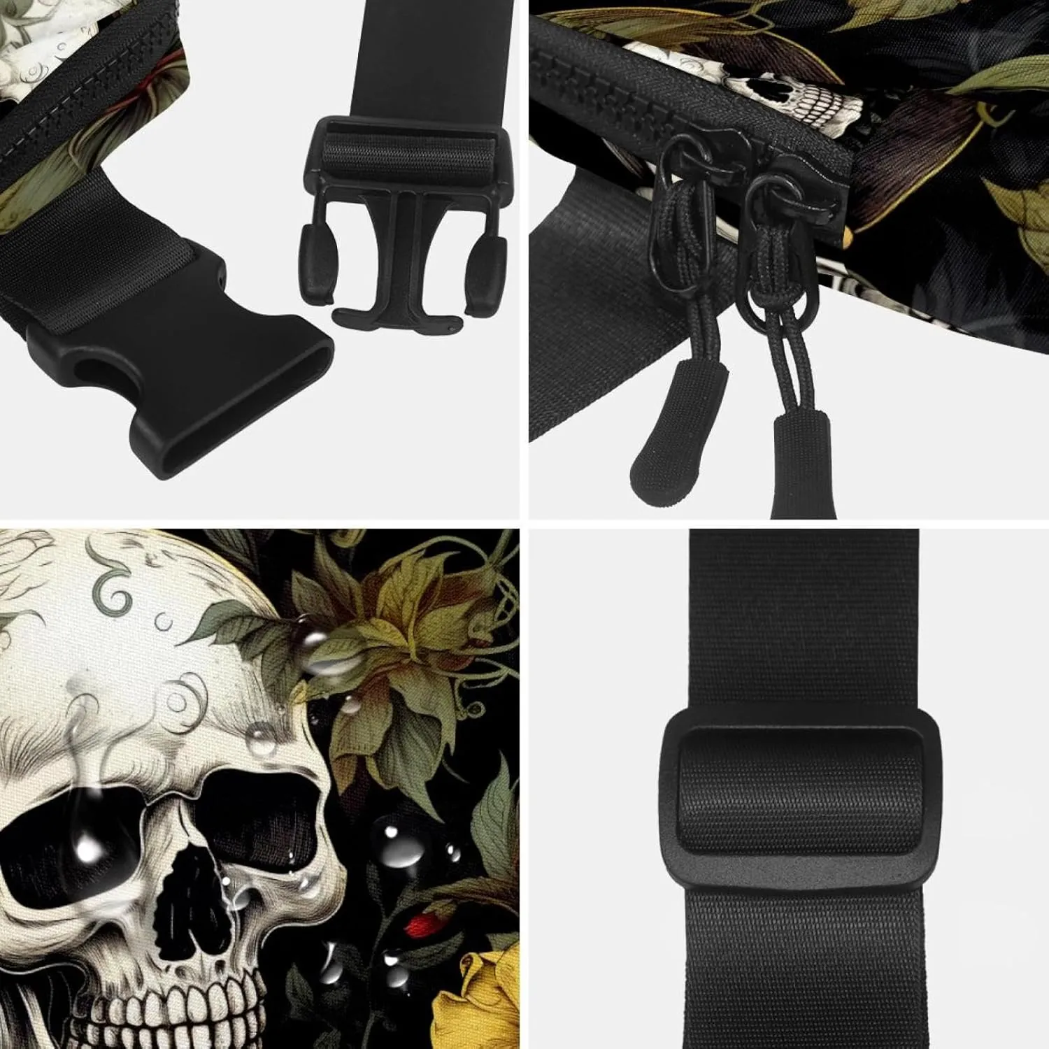 Waterproof Fanny Pack Black Belt Bag with Adjustable Strap for Women and Men,Yellow Flowers Skull Crossbody Fanny Bag with Zipper for Hiking Running Travel