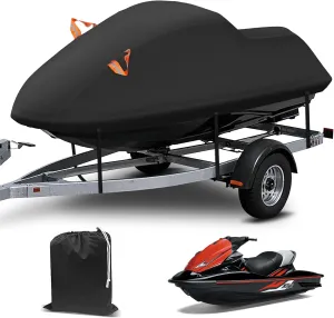 Waterproof Jet Ski Cover, Outdoor Jetski Covers with Reflective Stripe Vents and Windshield Buckles for Sea Doo Yamaha Polaris 3 Seater Lengths 126″ to 135″(Black)