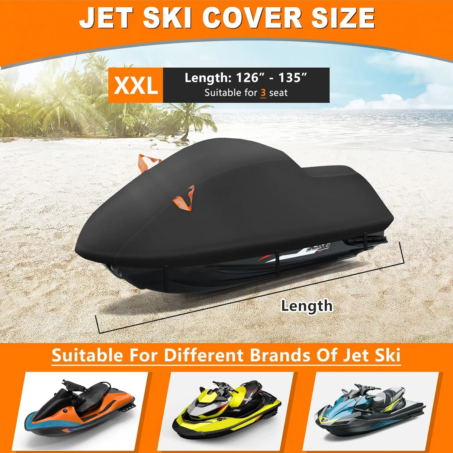 Waterproof Jet Ski Cover, Outdoor Jetski Covers with Reflective Stripe Vents and Windshield Buckles for Sea Doo Yamaha Polaris 3 Seater Lengths 126″ to 135″(Black)