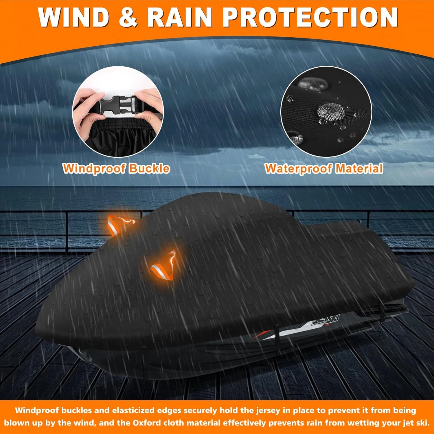 Waterproof Jet Ski Cover, Outdoor Jetski Covers with Reflective Stripe Vents and Windshield Buckles for Sea Doo Yamaha Polaris 3 Seater Lengths 126″ to 135″(Black)
