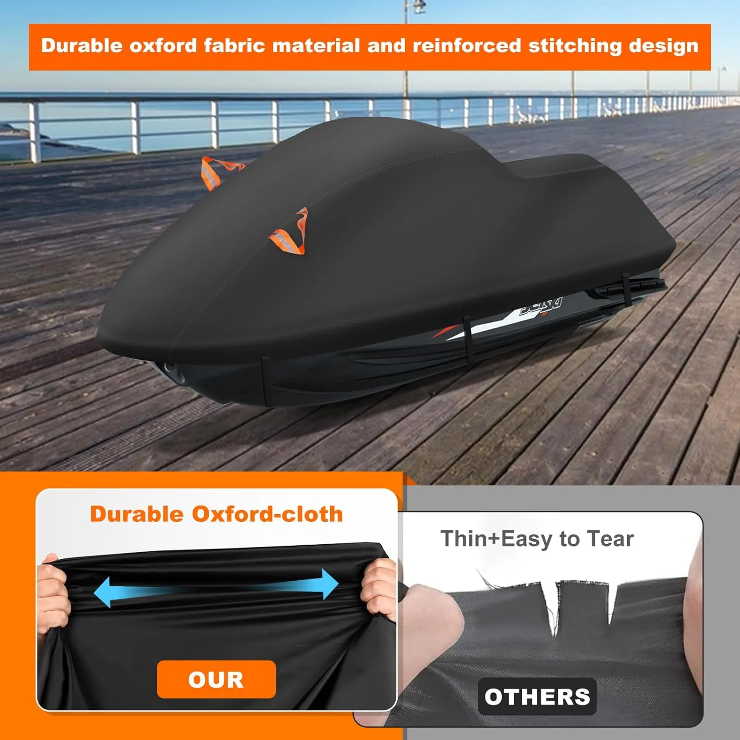 Waterproof Jet Ski Cover, Outdoor Jetski Covers with Reflective Stripe Vents and Windshield Buckles for Sea Doo Yamaha Polaris 3 Seater Lengths 126″ to 135″(Black)