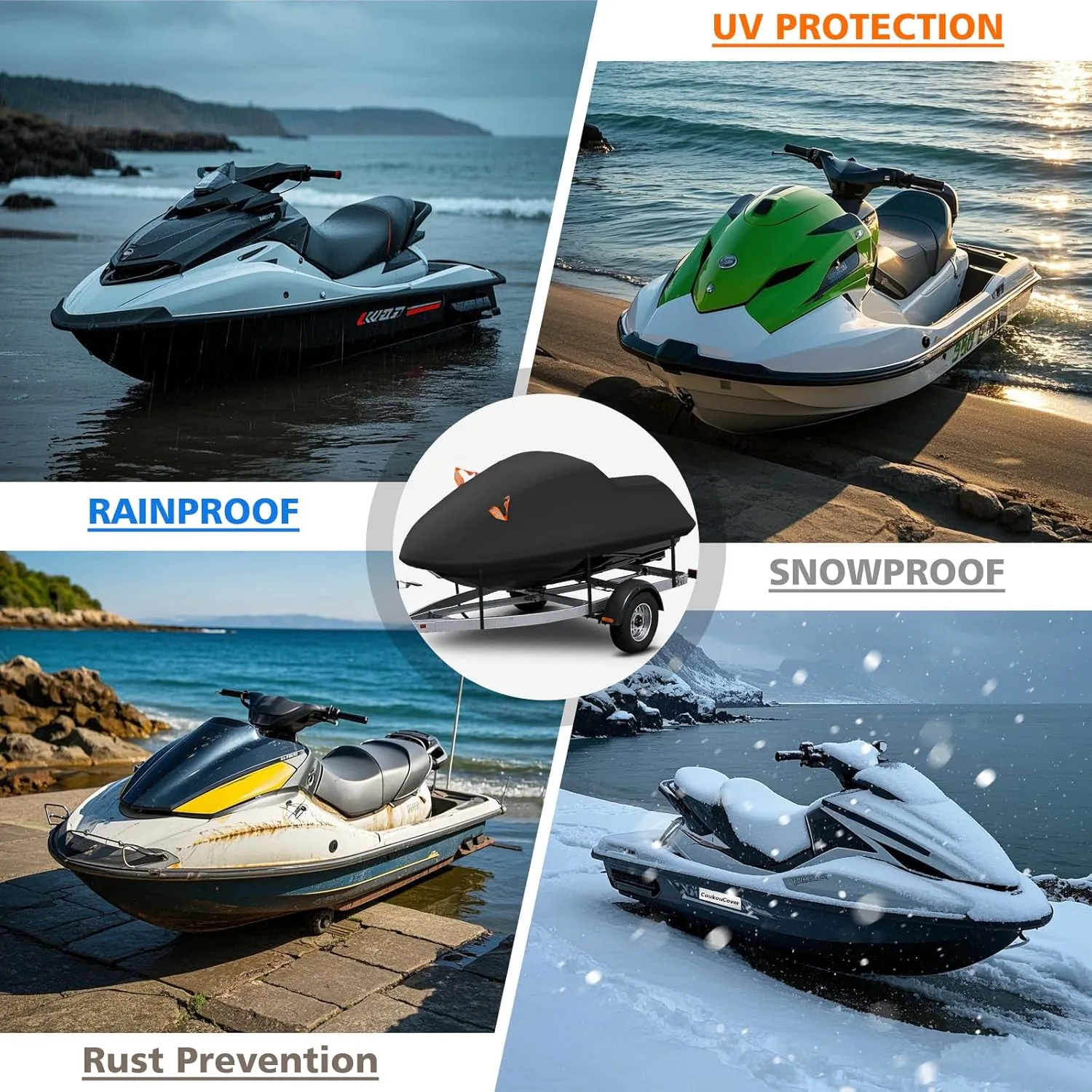 Waterproof Jet Ski Cover, Outdoor Jetski Covers with Reflective Stripe Vents and Windshield Buckles for Sea Doo Yamaha Polaris 3 Seater Lengths 126″ to 135″(Black)