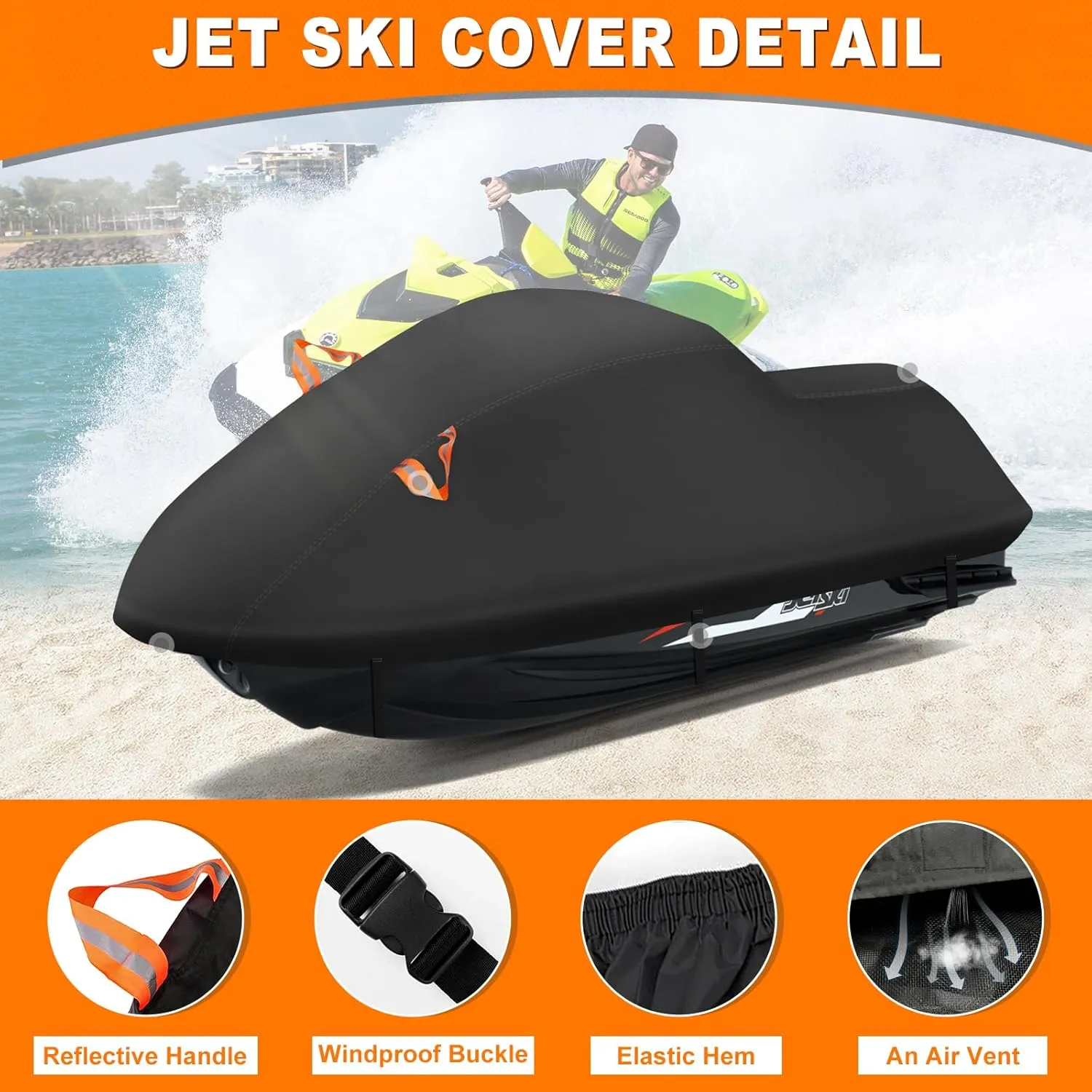 Waterproof Jet Ski Cover, Outdoor Jetski Covers with Reflective Stripe Vents and Windshield Buckles for Sea Doo Yamaha Polaris 3 Seater Lengths 126″ to 135″(Black)
