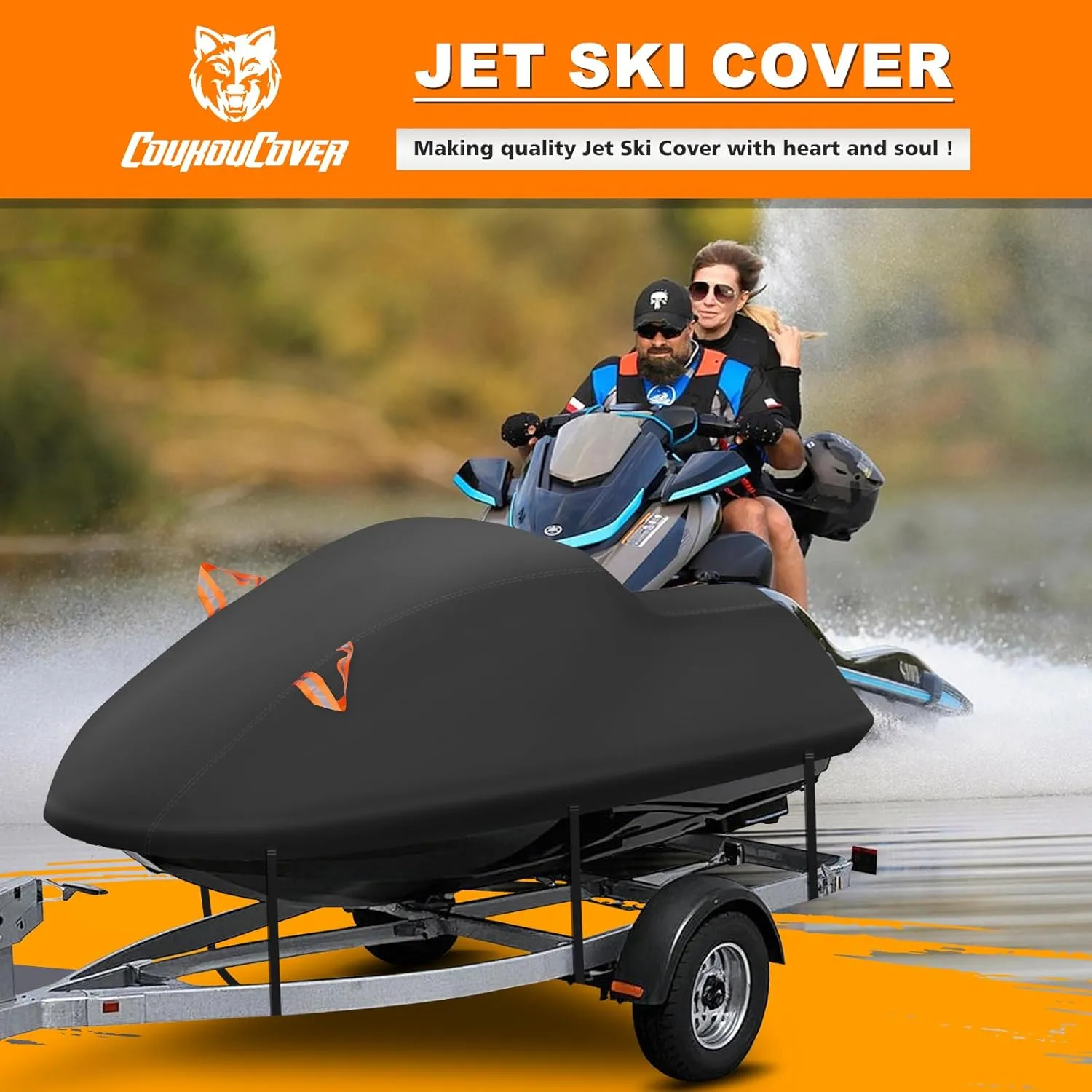 Waterproof Jet Ski Cover, Outdoor Jetski Covers with Reflective Stripe Vents and Windshield Buckles for Sea Doo Yamaha Polaris 3 Seater Lengths 126″ to 135″(Black)
