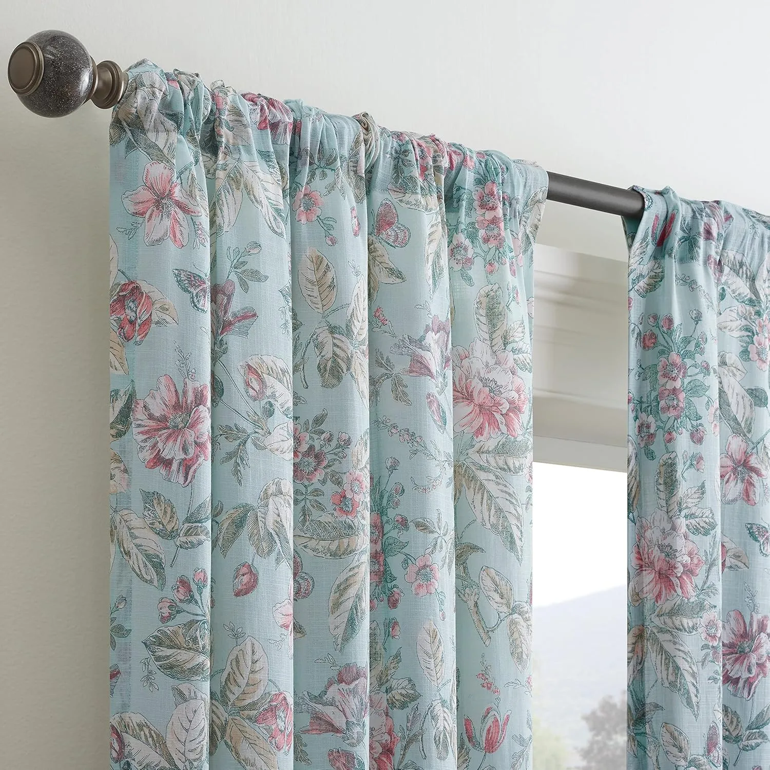 Waverly Porch Pavillion Floral Rod Pocket or Back Tab Sheer Window Curtain for Living Room (1 Panel), 50 in x 84 in, Aqua