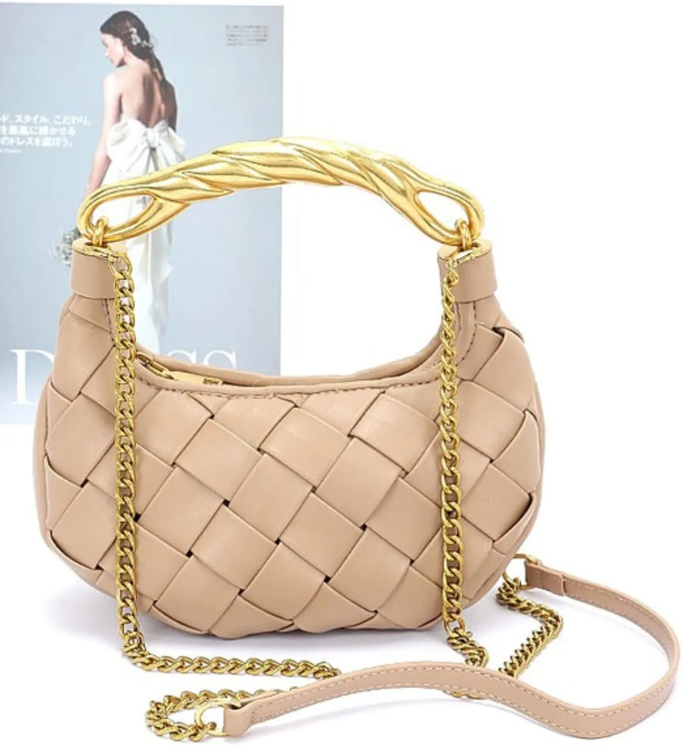 Weave Handbag PU Leather Shoulder Bag for Women Luxury Designer Round Tote Purse with Gold Chain Round Crossbody Bag