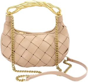 Weave Handbag PU Leather Shoulder Bag for Women Luxury Designer Round Tote Purse with Gold Chain Round Crossbody Bag