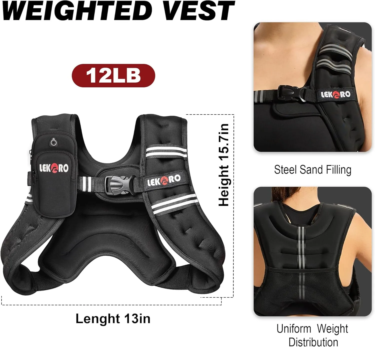 Weighted Vest, 6lbs/8lbs/12lbs/16lbs/20lbs/25lbs/30lbs Weights Vest for Women Men with Reflective Stripe for Workout, Strength Training, Running, Walking