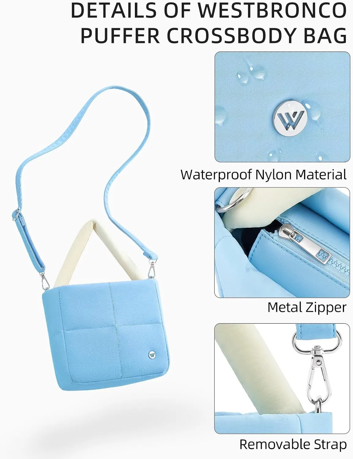 WESTBRONCO Puffer Crossbody Bags for Women, Nylon Quilted Shoulder Purse Designer Handbags with Adjustable & Detachable Strap