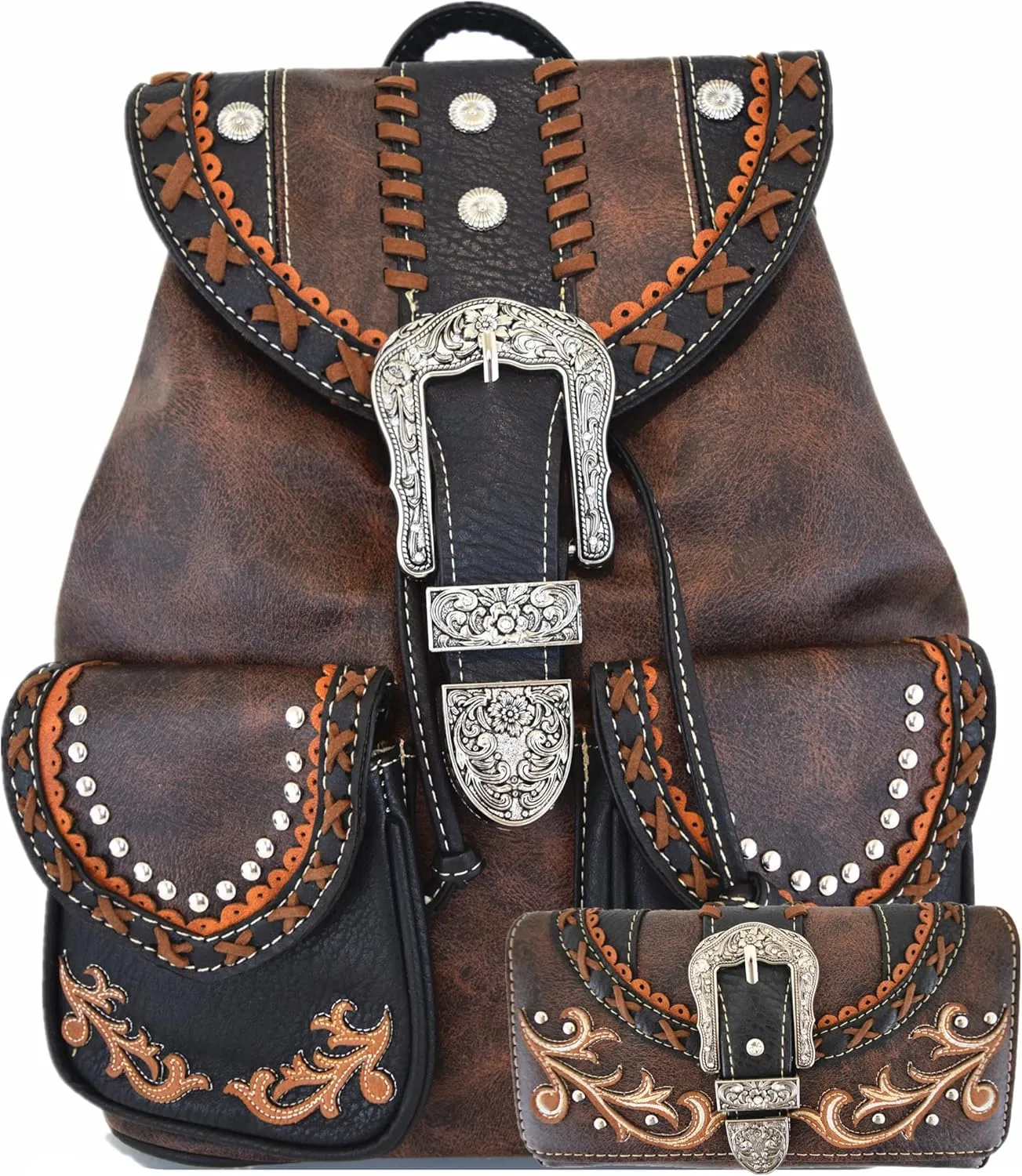 Western Style Tooled Buckle Studded Floral Women Country Backpack Bags Rucksack Daypack Biker Purse Matching Wallet Set (Coffee Set)