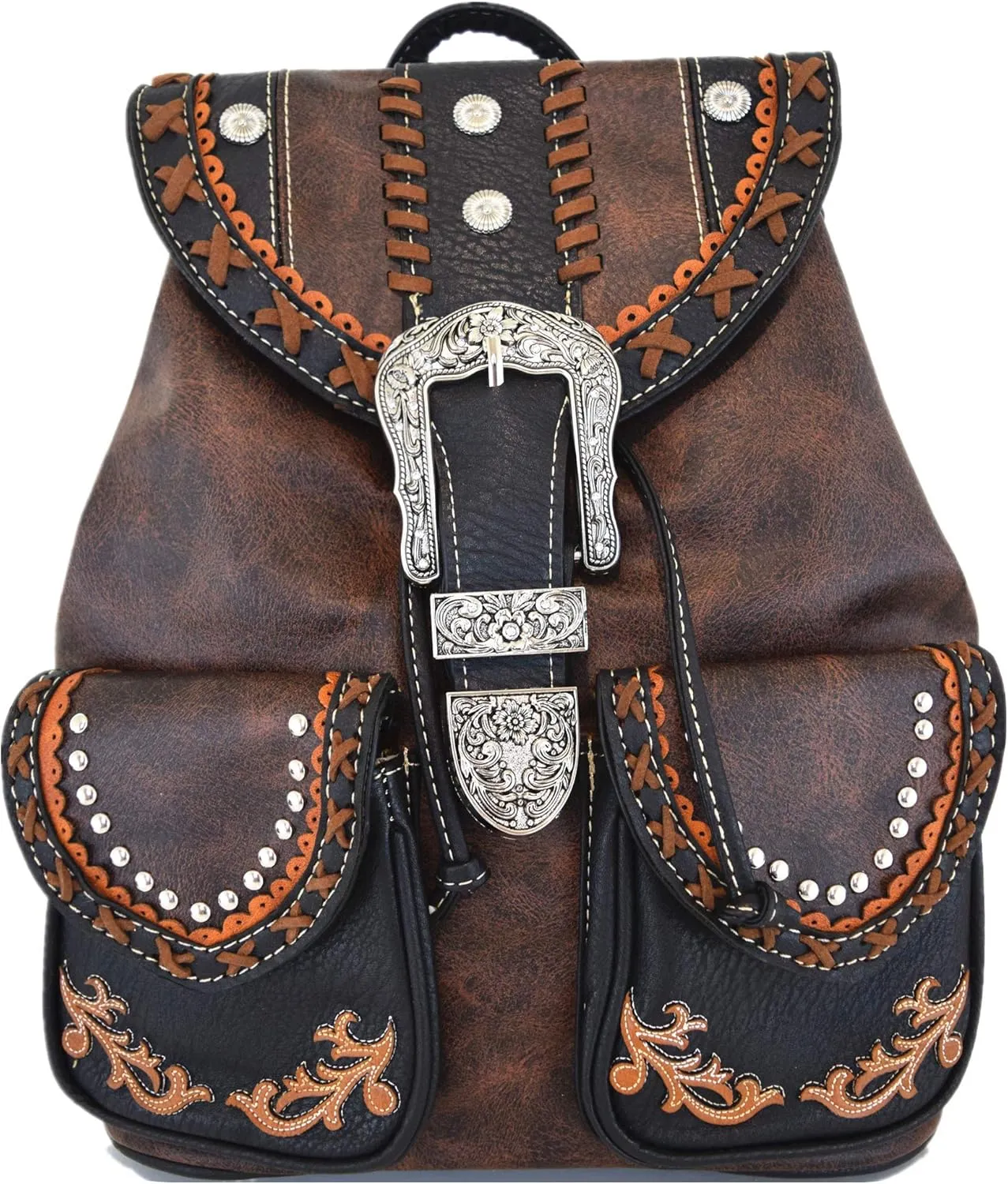 Western Style Tooled Buckle Studded Floral Women Country Backpack Bags Rucksack Daypack Biker Purse Matching Wallet Set (Coffee Set)