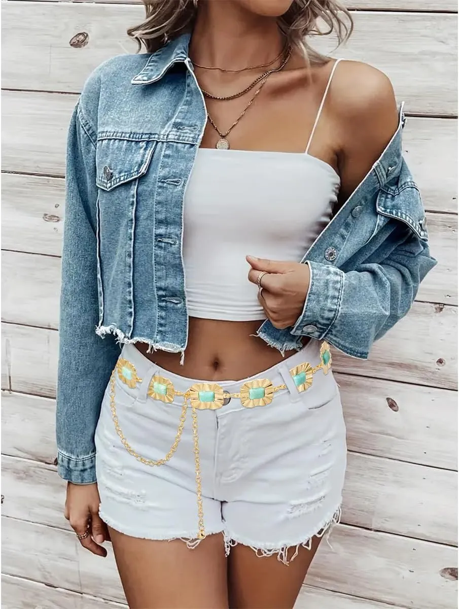 Western Waist Chain Belts for Women Metal Concho Belt Adjustable Boho Country Link Belts
