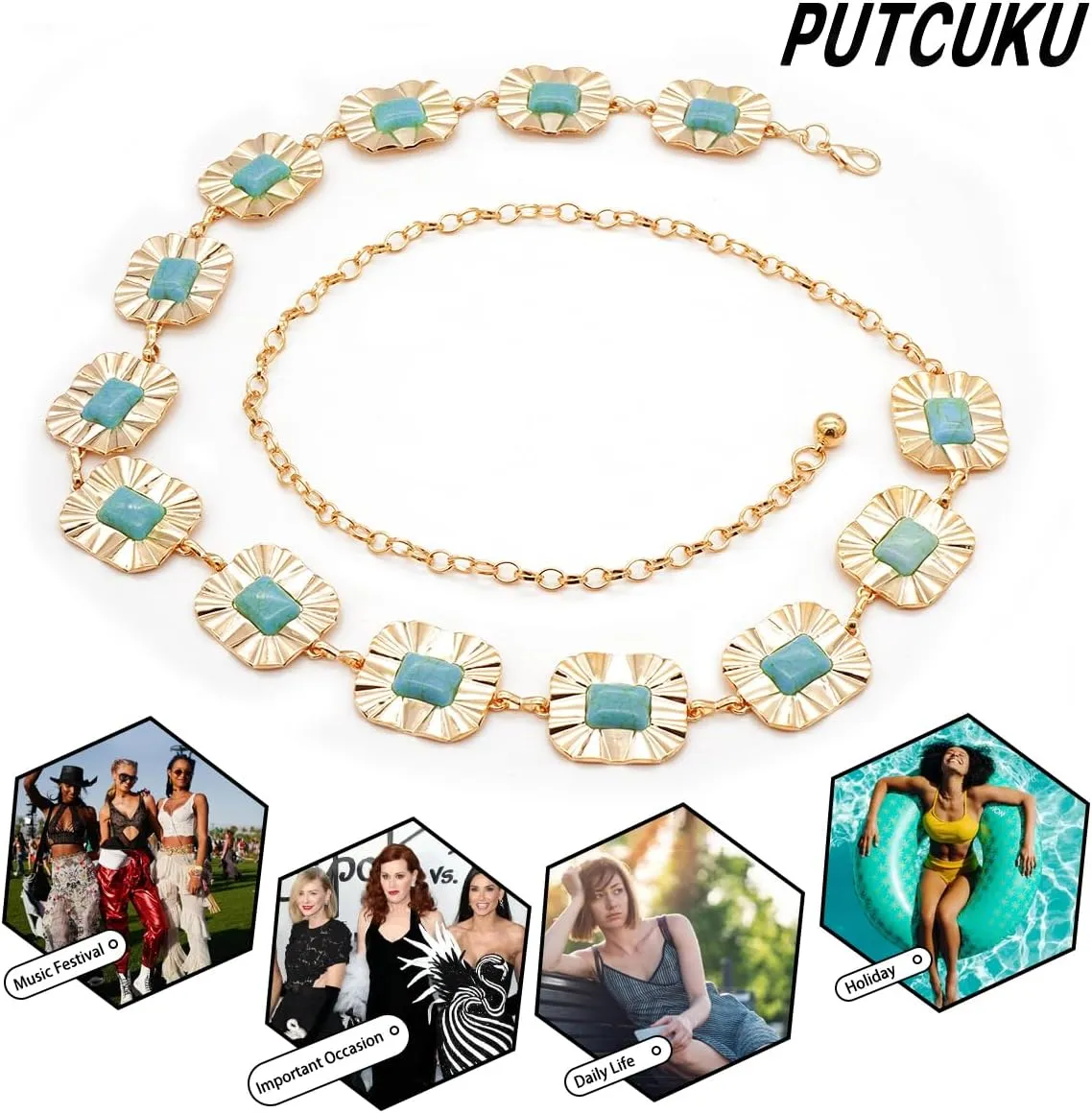 Western Waist Chain Belts for Women Metal Concho Belt Adjustable Boho Country Link Belts