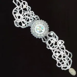 White Bridal Beadwoven Bracelet Crystal Rivoli Stone Moonlight Genuine Pearls Wedding