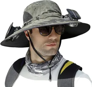 Wide Brim Sun Hat with 2 Solar Fan, Sun Bucket Hat for Men Women, UPF 50  Bucket Fishing & Beach Hat with Fan