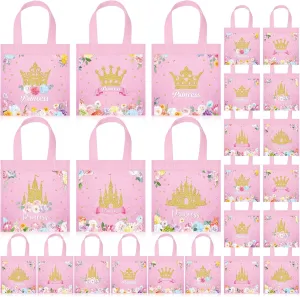 WILLBOND 24 Pcs Princess Party Favor Bags Princess Castle Party Treat Bag Non Woven Princess Tote Bag with Handle Pink Princess Goodie Candy Gift Bag for Princess Baby Shower Birthday Party Decoration