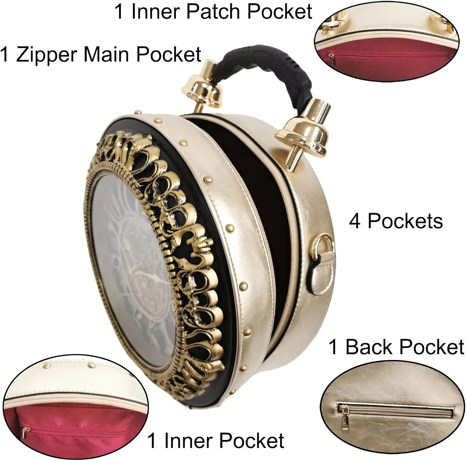 Women Classic Retro Clock Shaped Crossbody Shoulder Bag Handbag PVC Unique Novelty Clock Purse
