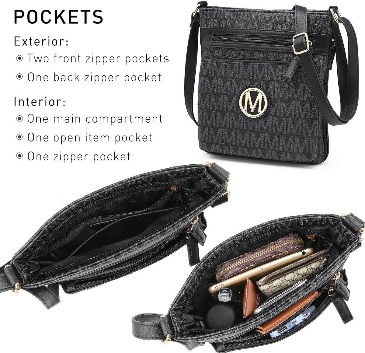 Women Crossbody Purses Multi Pockets Large Signature Monogram Zip Shoulder Bags Ladies PU Leather Handbag