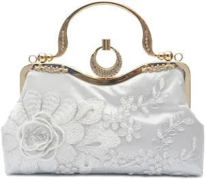 Women Evening Bag Floral Embroidery Clutch Bag Vintage Handbag Bridal Wedding Purse Elegant Shoulder Bag