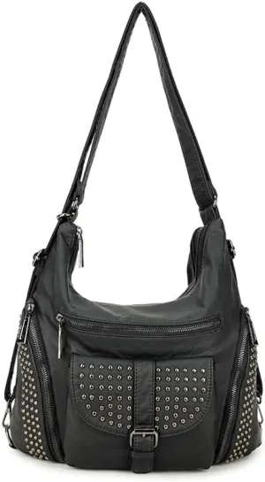 Women Hobo Crossbody Purse Faux Leather Rivet Satchel Multi-Pocket Tote Shoulder Bag