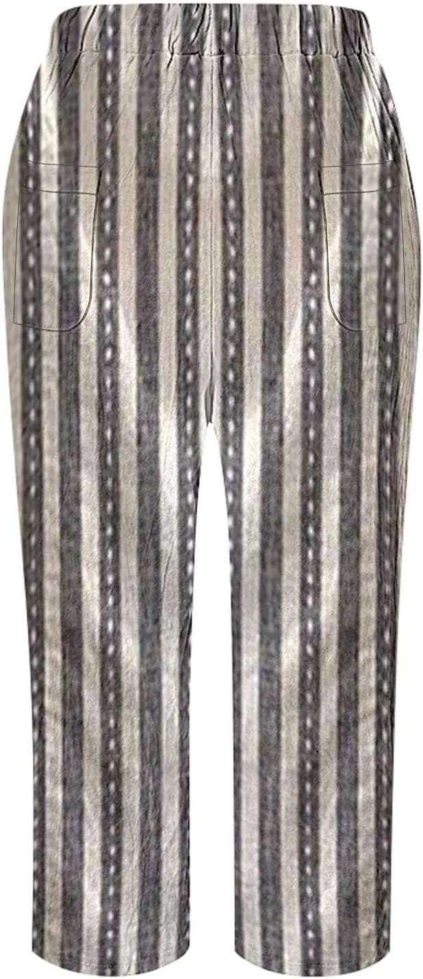 Women Linen Pants Waist Pants Drawstring Capri Pants with Pockets Wide Leg Cropped Elastic High Waist Comfy Loose