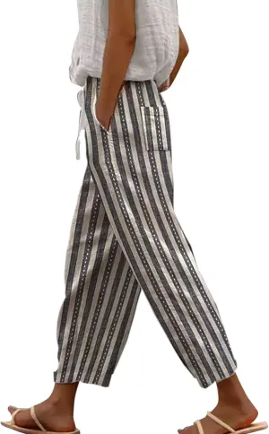 Women Linen Pants Waist Pants Drawstring Capri Pants with Pockets Wide Leg Cropped Elastic High Waist Comfy Loose