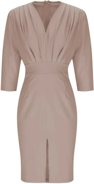 Women Spring Summer Dress Solid Color Invisible Back Zipper Side Slit Pleated V-Neck Slim Elegant Work Dresses