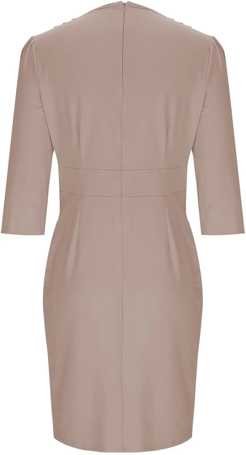 Women Spring Summer Dress Solid Color Invisible Back Zipper Side Slit Pleated V-Neck Slim Elegant Work Dresses