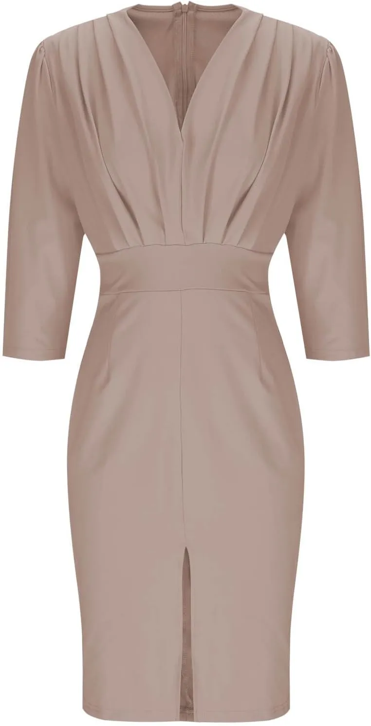 Women Spring Summer Dress Solid Color Invisible Back Zipper Side Slit Pleated V-Neck Slim Elegant Work Dresses