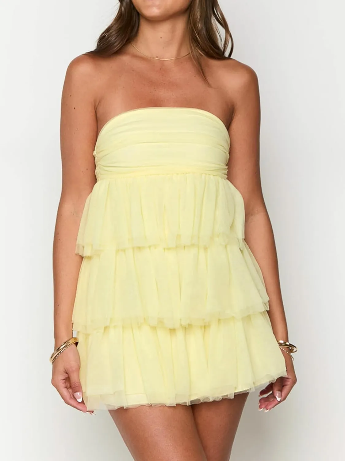 Women Strapless Tulle Puffy Mini Dresses Off Shoulder Layered Ruffle Hem Cake Dress Solid Color Princess Dress