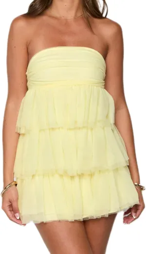 Women Strapless Tulle Puffy Mini Dresses Off Shoulder Layered Ruffle Hem Cake Dress Solid Color Princess Dress