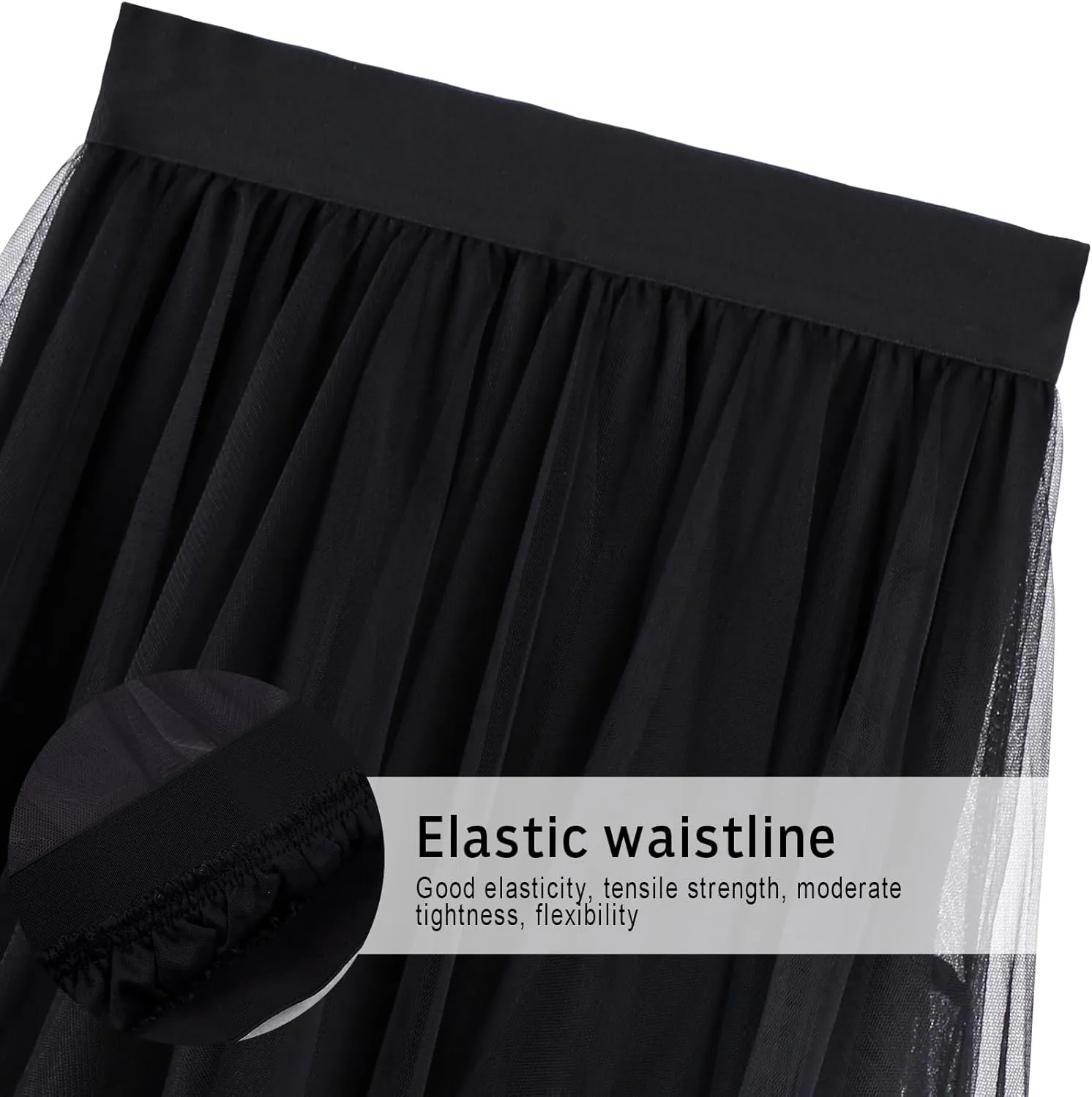 Women Tulle Skirts Layered Tutu Skirt Midi Length Elastic High Waist A Line Skirt