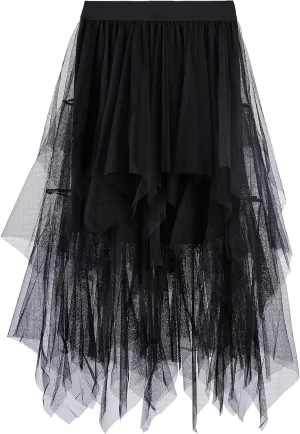 Women Tulle Skirts Layered Tutu Skirt Midi Length Elastic High Waist A Line Skirt