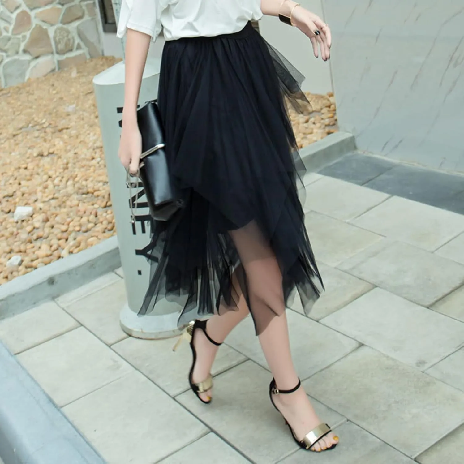 Women Tulle Skirts Layered Tutu Skirt Midi Length Elastic High Waist A Line Skirt