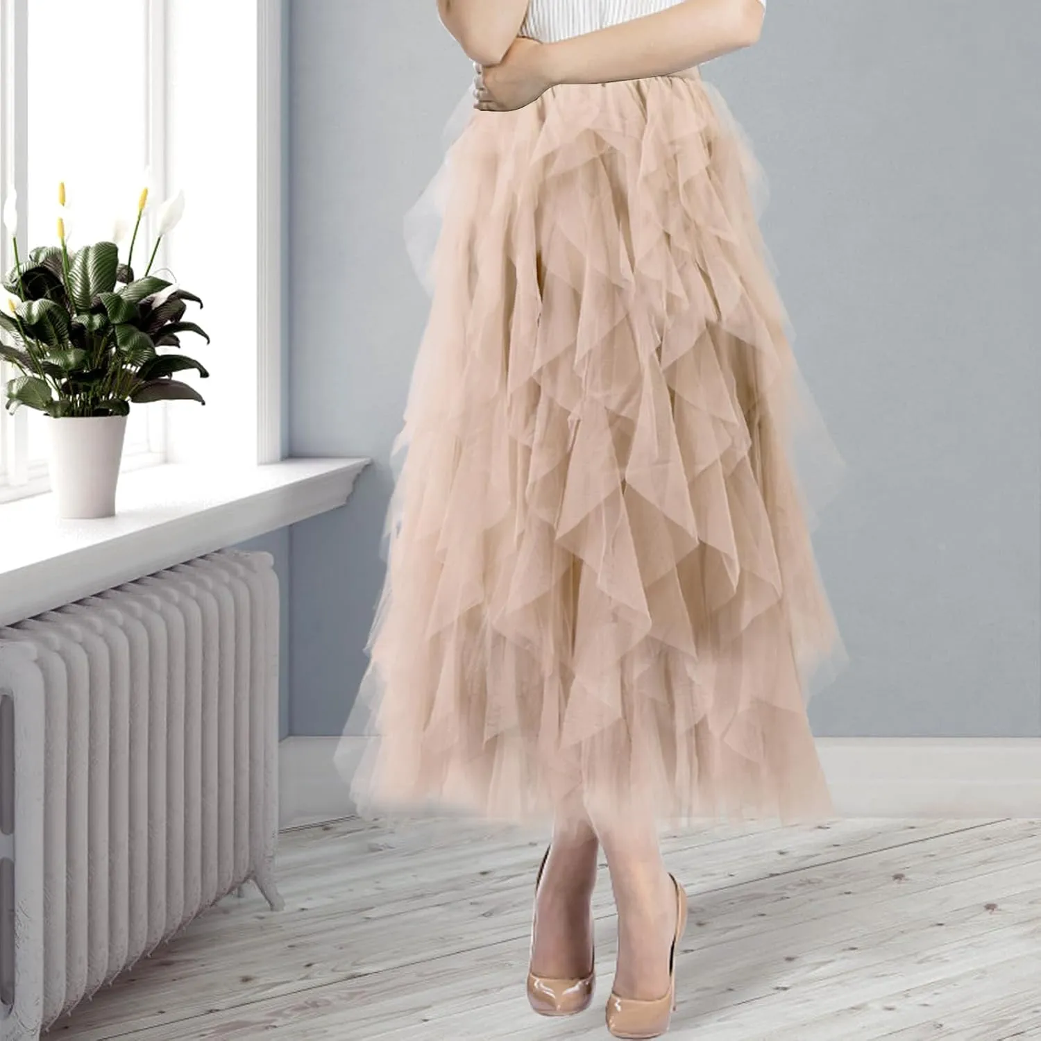 Women Tulle Skirts Layered Tutu Skirt Midi Length Elastic High Waist A Line Skirt