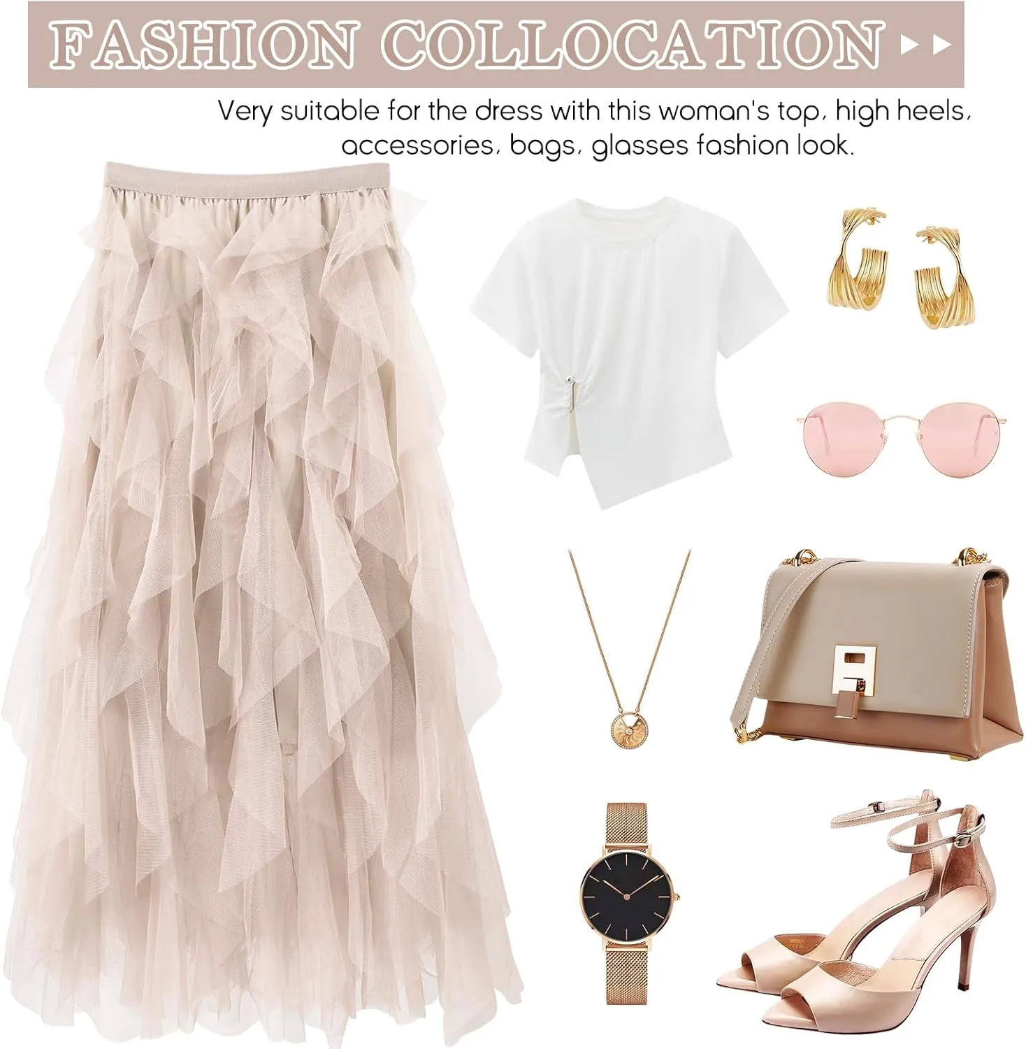 Women Tulle Skirts Layered Tutu Skirt Midi Length Elastic High Waist A Line Skirt