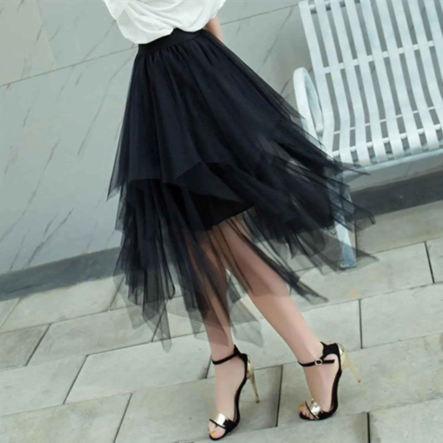 Women Tulle Skirts Layered Tutu Skirt Midi Length Elastic High Waist A Line Skirt