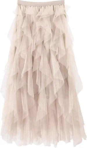 Women Tulle Skirts Layered Tutu Skirt Midi Length Elastic High Waist A Line Skirt