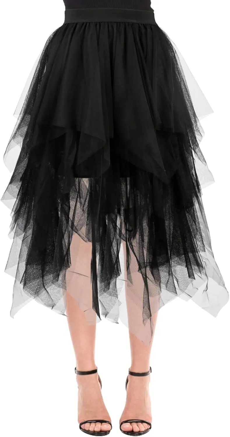 Women Tulle Skirts Layered Tutu Skirt Midi Length Elastic High Waist A Line Skirt