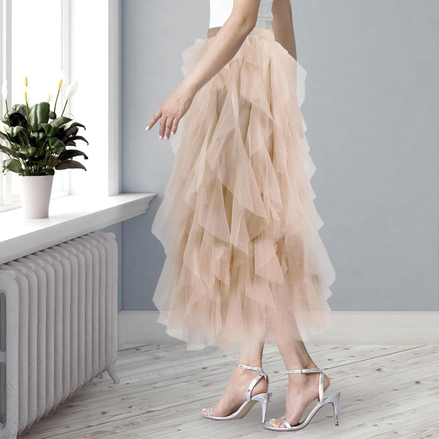 Women Tulle Skirts Layered Tutu Skirt Midi Length Elastic High Waist A Line Skirt