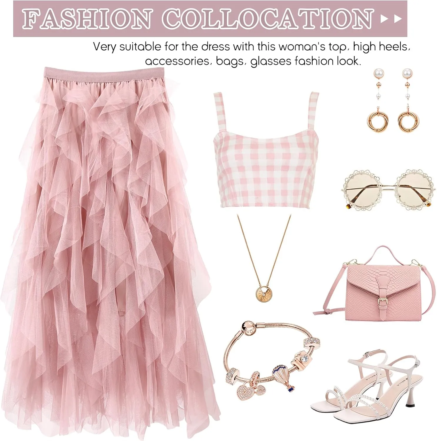 Women Tulle Skirts Layered Tutu Skirt Midi Length Elastic High Waist A Line Skirt
