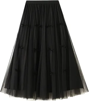 Women Tutu Tulle Skirt Elastic High Waist Layered Skirt Floral Print Mesh A-Line Midi Skirt