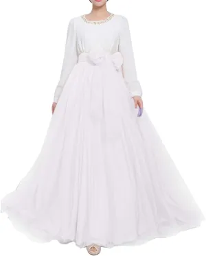 Women Wedding Long Maxi Puffy Tulle Skirt Floor Length A Line with Bowknot Belt High Waisted for Wedding Party Evening
