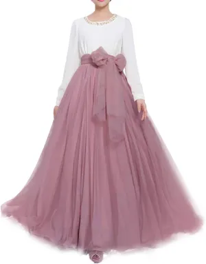 Women Wedding Long Maxi Puffy Tulle Skirt Floor Length A Line with Bowknot Belt High Waisted for Wedding Party Evening