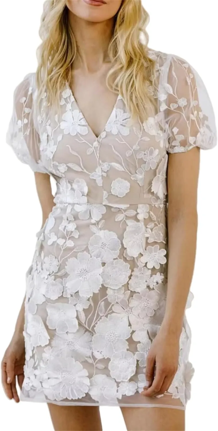 Women's 3D Vneck Puff Sleeve Floral Embroidery Dress, Summer Bodycon Tulle Mesh Mini Dress, for Party Cocktail